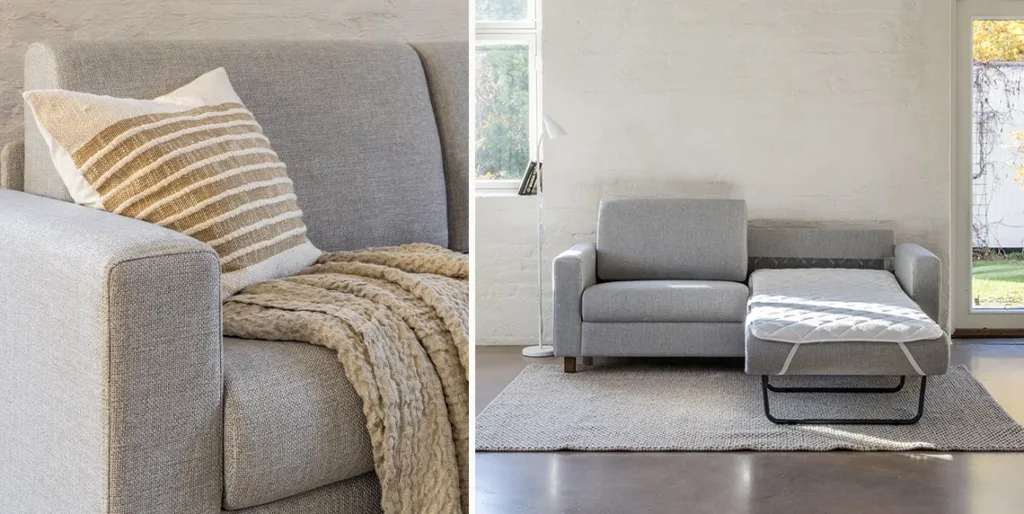 Vaaleanharmaa Fox kolmen istuttava vuodesohva eri suunnista kuvattuna. Vuodesohvan toinen puoli vuoteesta avattuna ja pedattuna kevyt petauspatjalla.