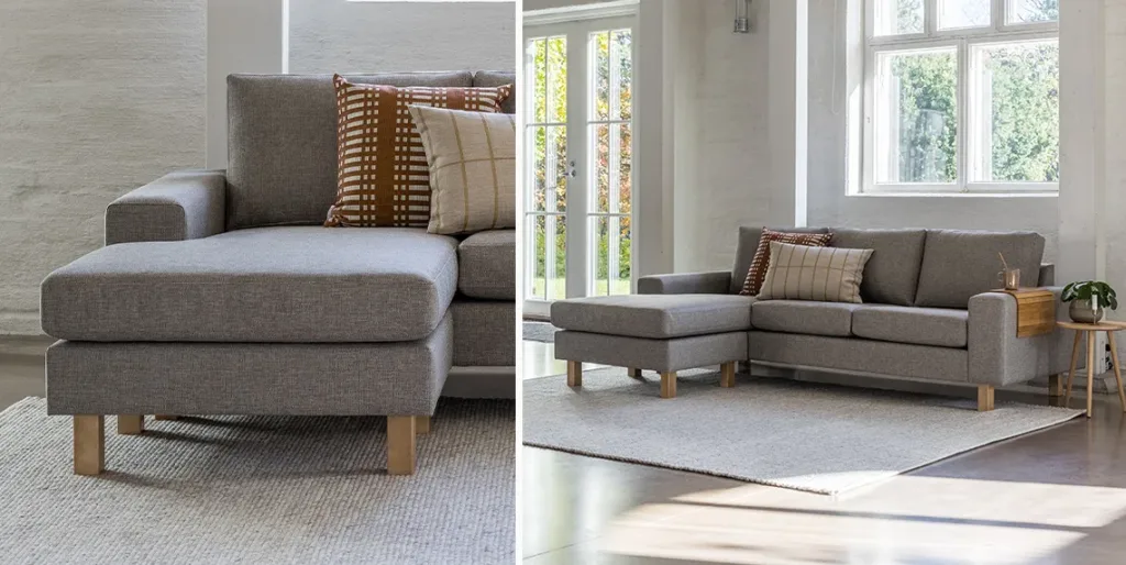 Beige Studio divaanisohva eri suunnista. Sohvan divaani on vasemmalla puolella edestä päin katsottuna.