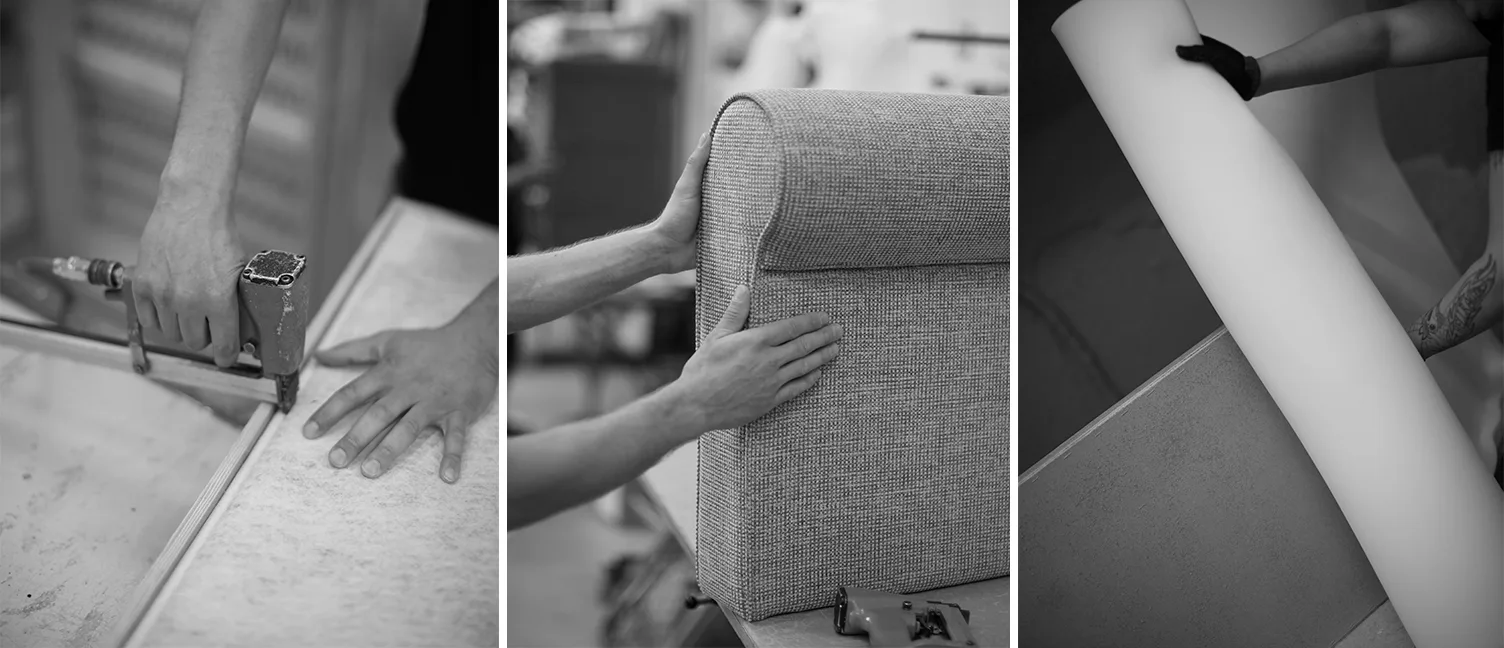 Keravan tehtaalta kuvia sohvan työvaiheista.