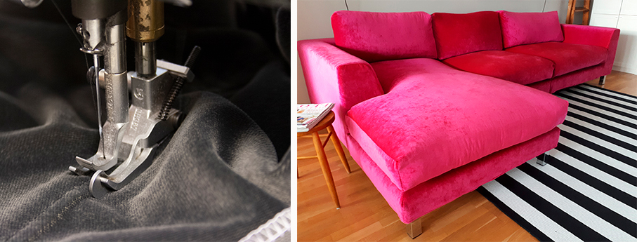 Trend-sohva pinkillä kankaalla verhoiltuna ja lattialla valkomustaraitainen matto, sisustuskuva.