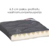 6,5 cm paksu profiloitu vaahtomuovipetauspatja harmaalla kankaalla, läpileikkauskuva viistosti kuvattuna.