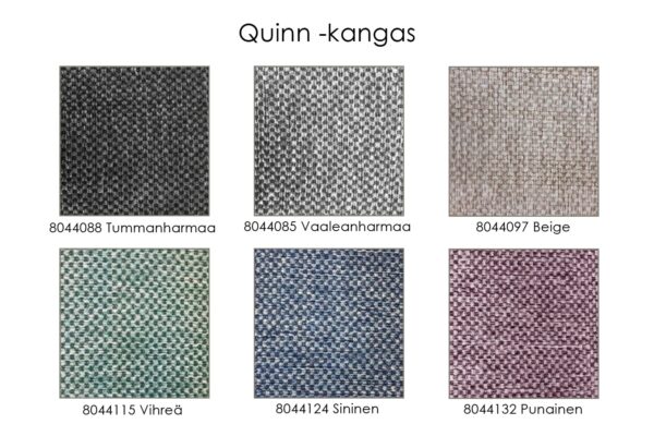 Quinn-kangasnäytteet tummanharmaa, vaaleanharmaa, beige, vihreä, sininen ja punainen.