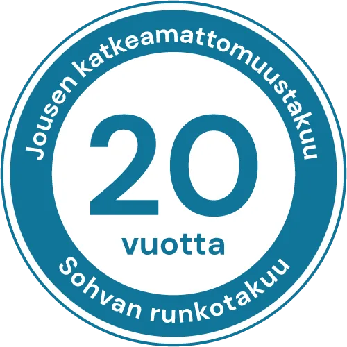 Graafinen elementti: 'Jousen katkeamattomuustakuu ja sohvan runkotakuu 20 vuotta'.