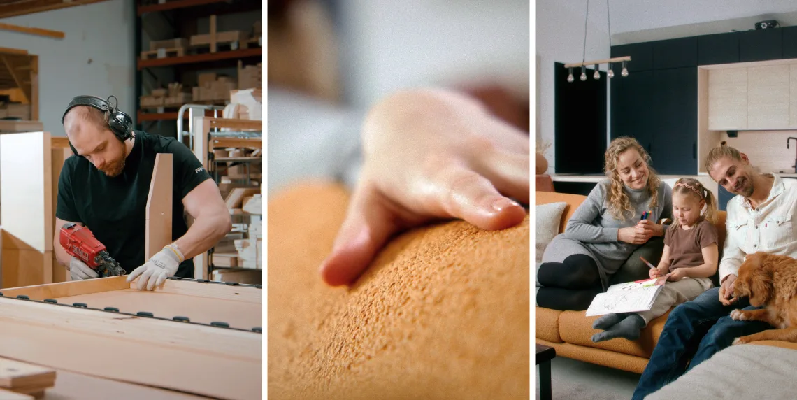 3 kuvan kollaasi, jossa ensimmäisessä Finsoffien puuseppä työskentelee, toisessa lähikuva kädestä oranssin sohvan bukleeverhoilun päällä ja kolmannessa perhe sohvalla modernissa olohuoneessa.