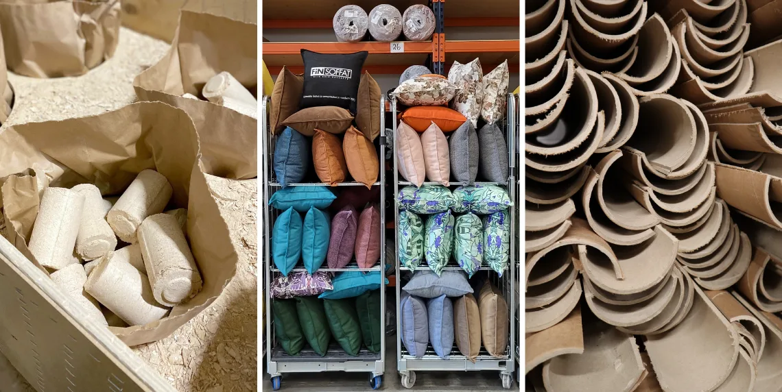 3 kuvan kollaasi, jossa ensimmäisessä brikettejä, toisessa valikoima sohvatyynyjä ja kolmannessa halkaistuja pahviputken paloja.