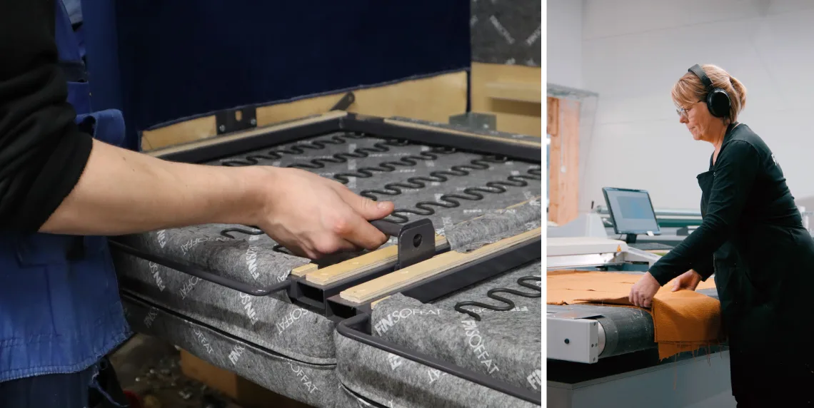 2 kuvan kollaasi: Finsoffien työntekijä kasaamassa sohvaa ja Finsoffien työntekijä leikkaamassa verhoilukangasta.