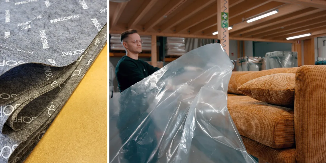 2 kuvan kollaasi: lähikuva Finsoffat-huopakankaasta ja Finsoffien työntekijä pakkaamassa oranssia sohvaa kuljetusta varten.